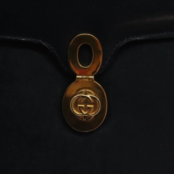 GUCCI Hand Bag Leather Navy Gold Auth - Picture 11 of 16